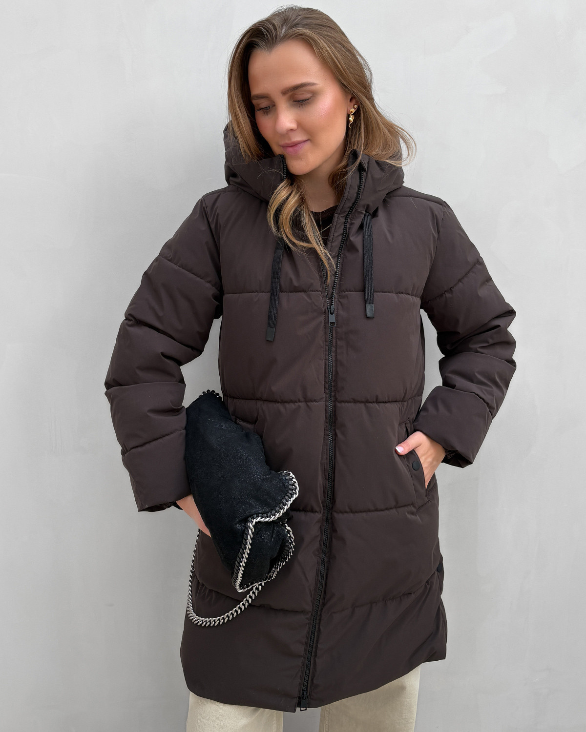 JDY Jdyblair Chocolate Torte Contrast Black Long Hood Puffer Sij - XXL - Brun
