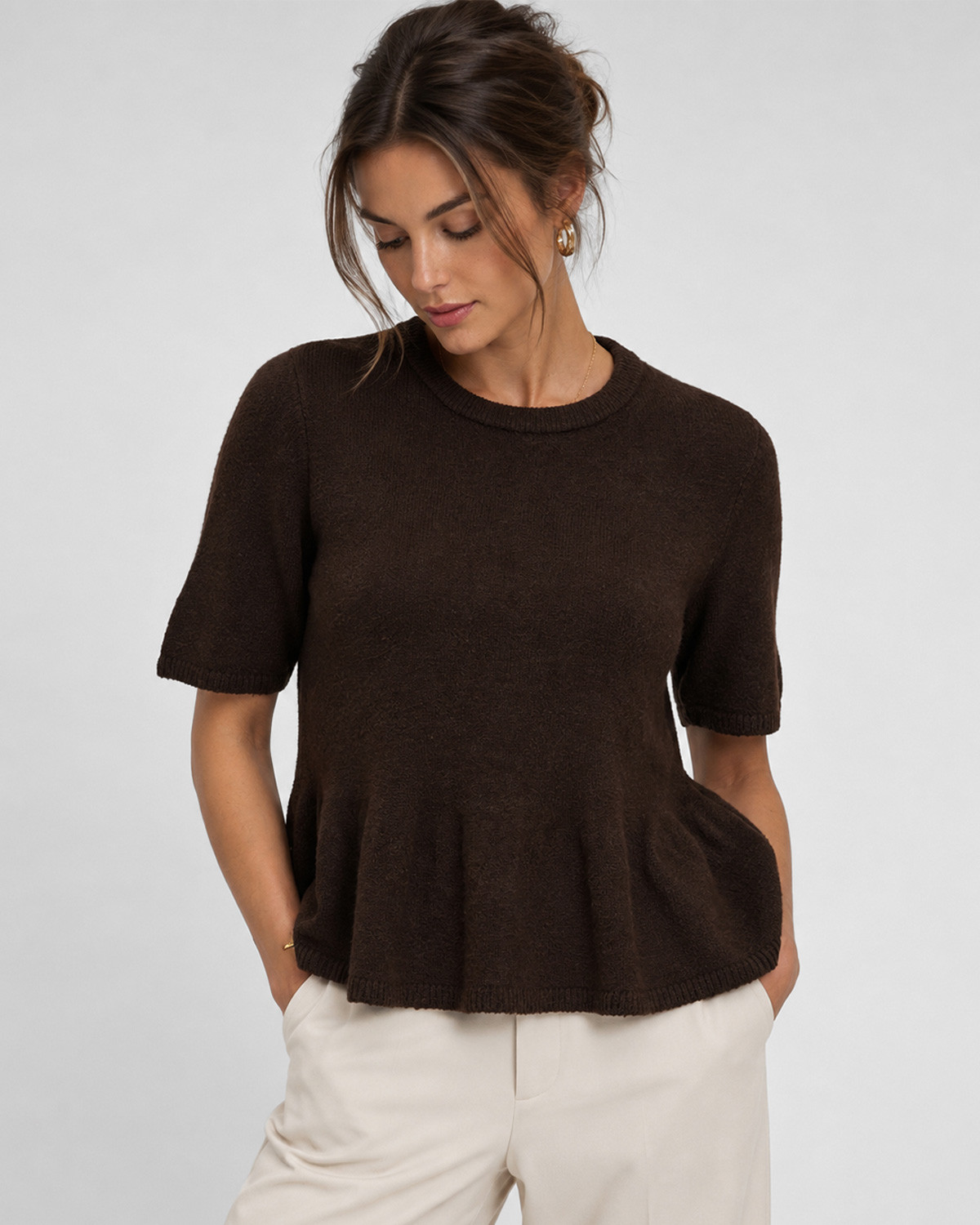 JDY Jdybrilliant Coffee Bean Melange Life S/S On Peplum Pull Knit - Brun - M