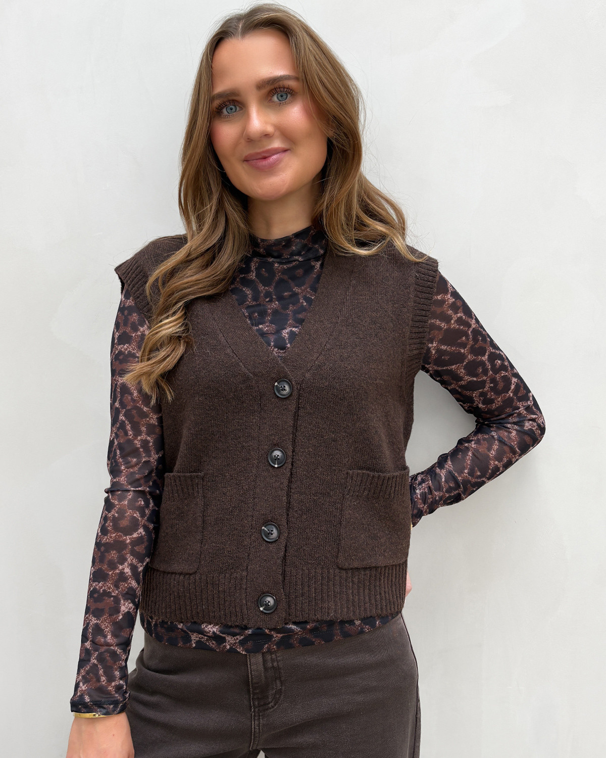 JDY Jdysuper Coffee Bean Melange S/L V-Neck Vest Knit - L - Brun