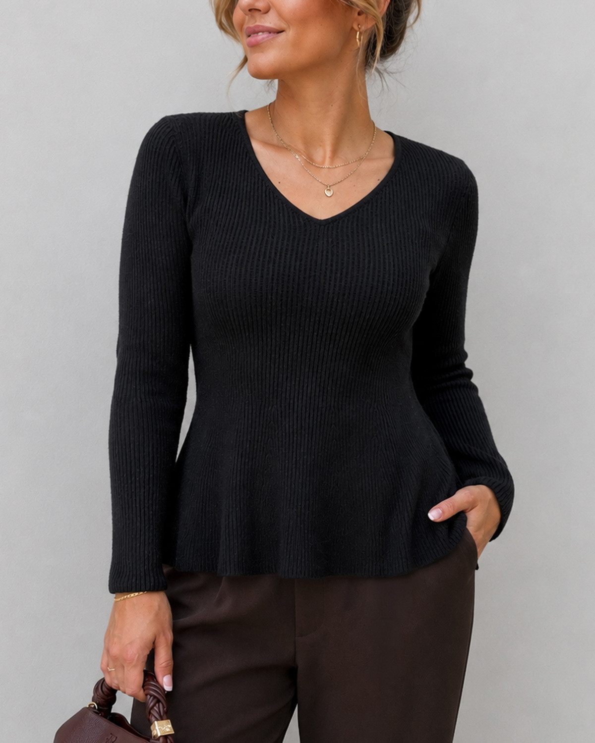 ONLY Onlibi Black Ls V-Neck Rib Peplum Knit - XL - Sort