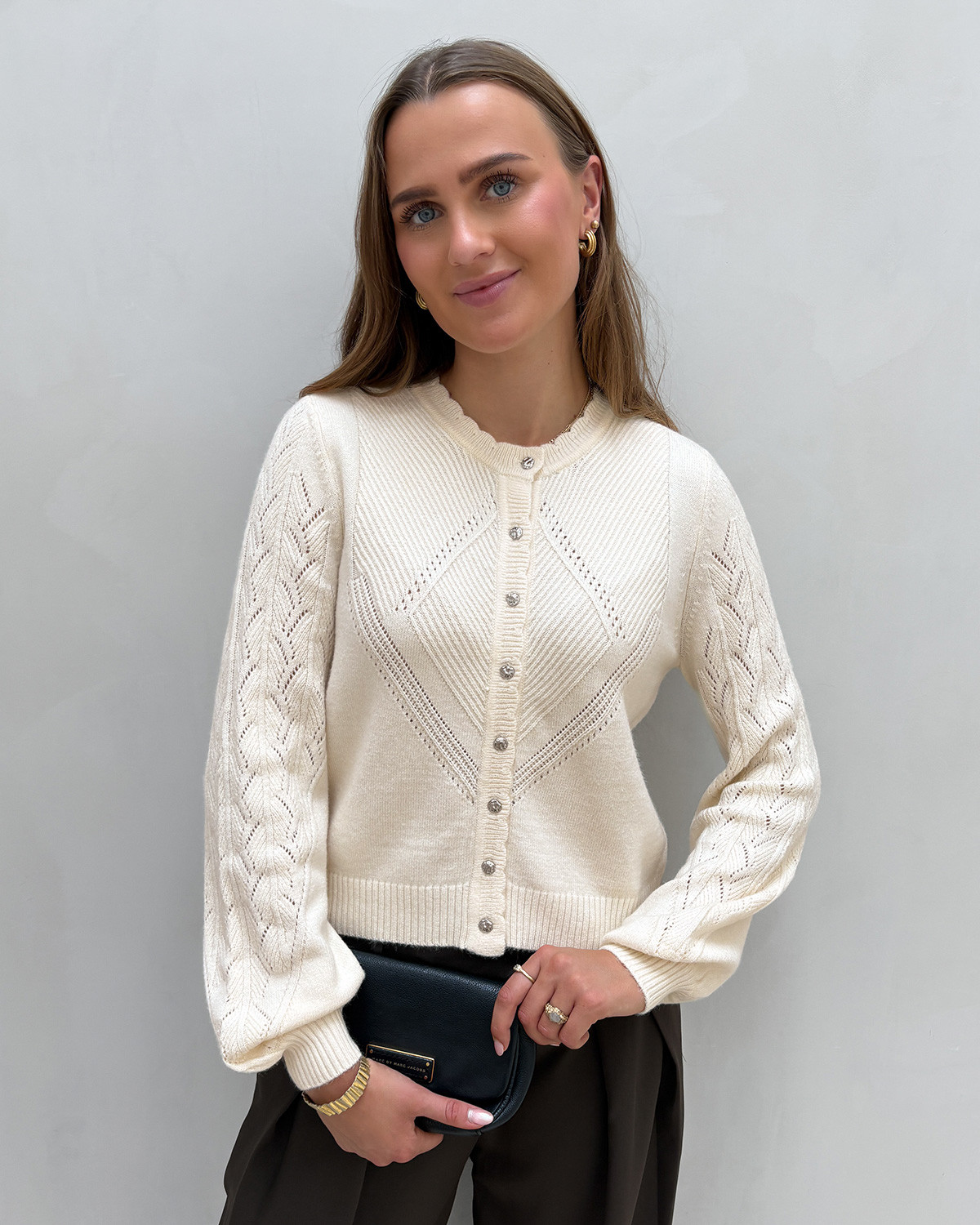 ONLY Onlprincess Whitecap Gray Mel/Silver Button Ls O-Neck Cardigan Knit - XL - Hvid