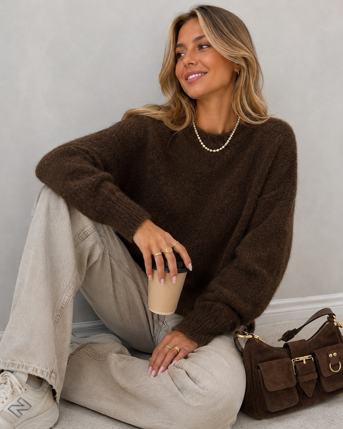 ONLY Onlnellie Coffee Bean Melange Ls O-Neck Knit - S - Brun