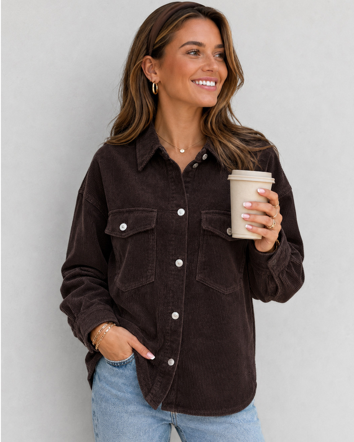 ONLY Onltiggy Ganache L/S Cord Shacket Pnt - L - Brun
