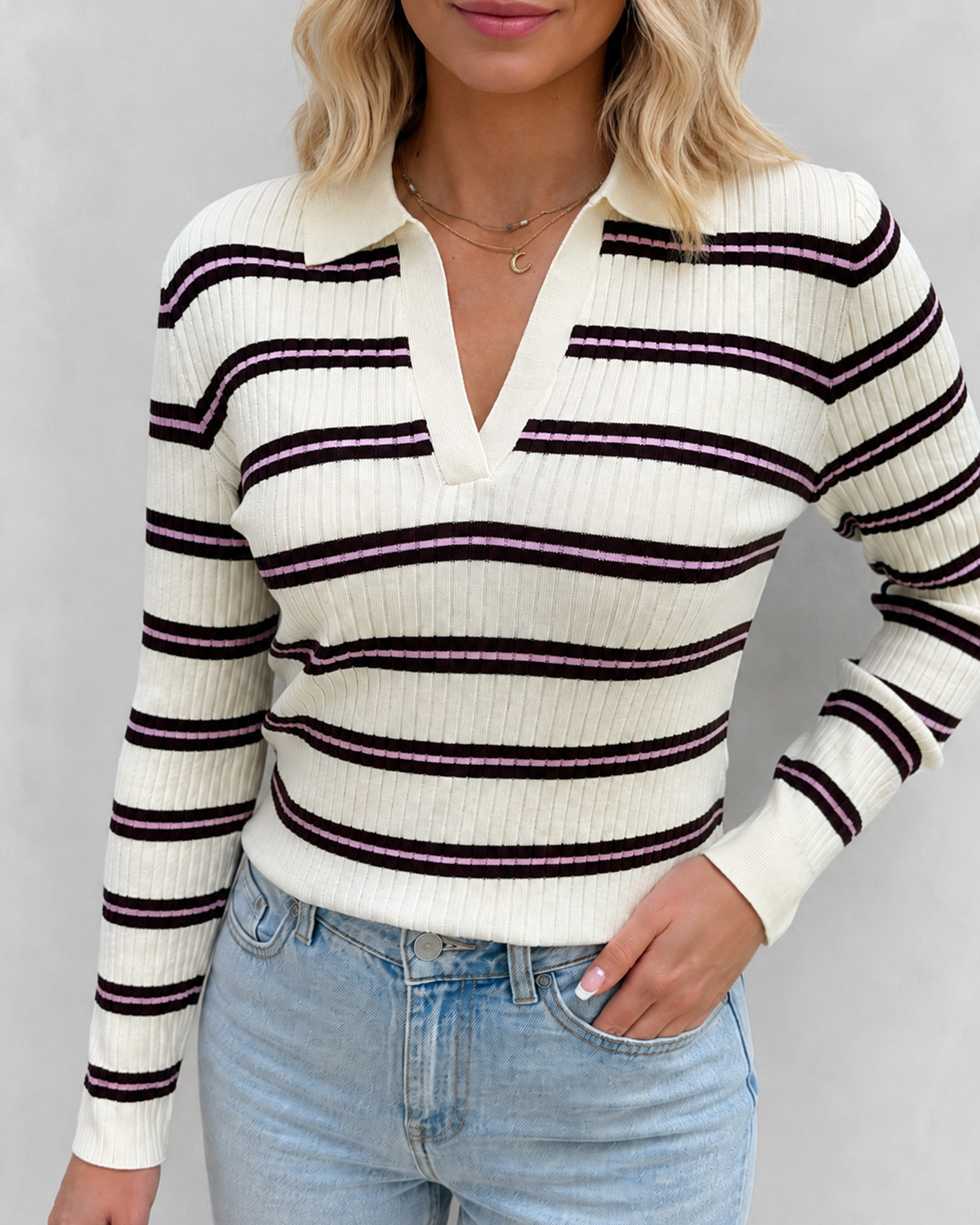 ONLY Onlkaya Baby's Breath Fudge/Phalaenopsis Ls Stripe Polo Knit - L - Hvid