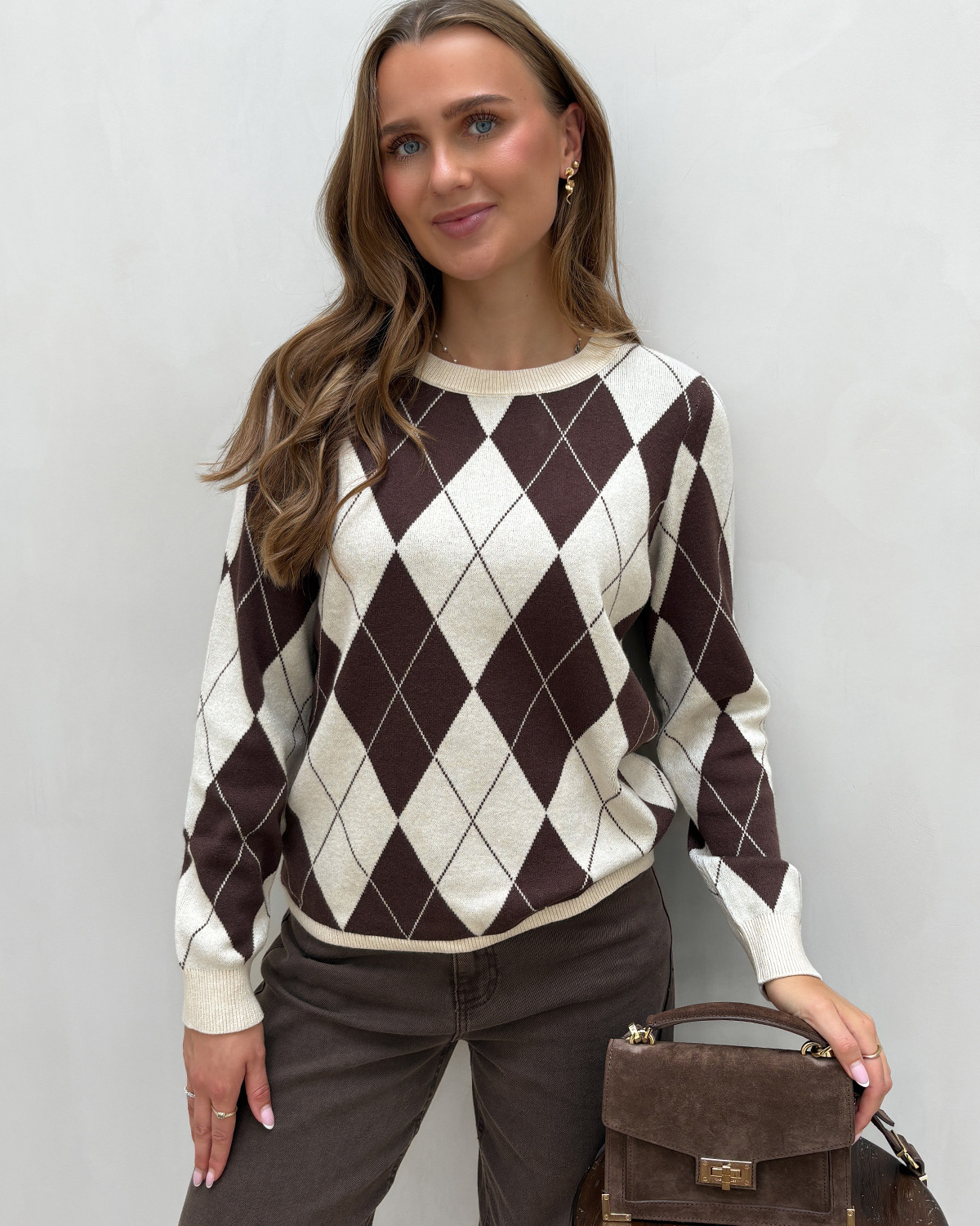 VILA Vitif Super Light Natural Melan Argyle Coffee Bean O-Neck L/S Knit Pullover - XL - Brun