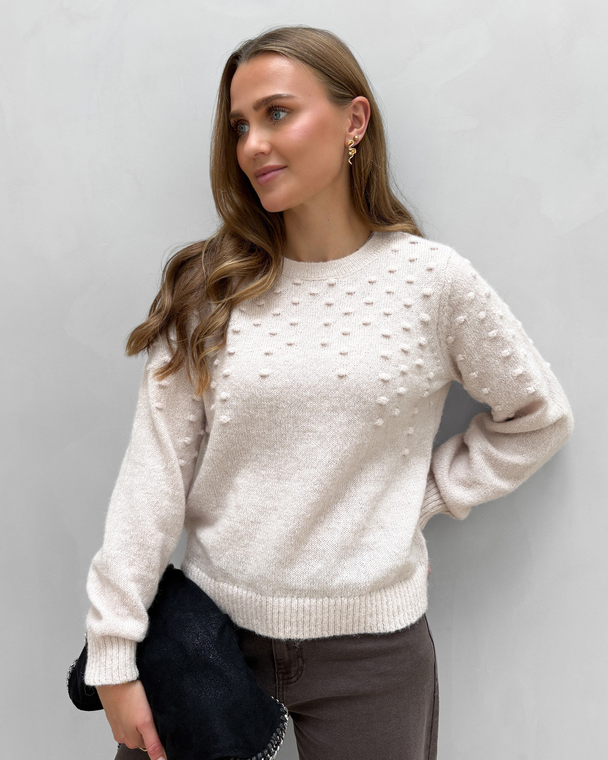 VILA Vituli Super Light Natural Melan O-Neck L/S Dot Knit TopNoos - L - Brun