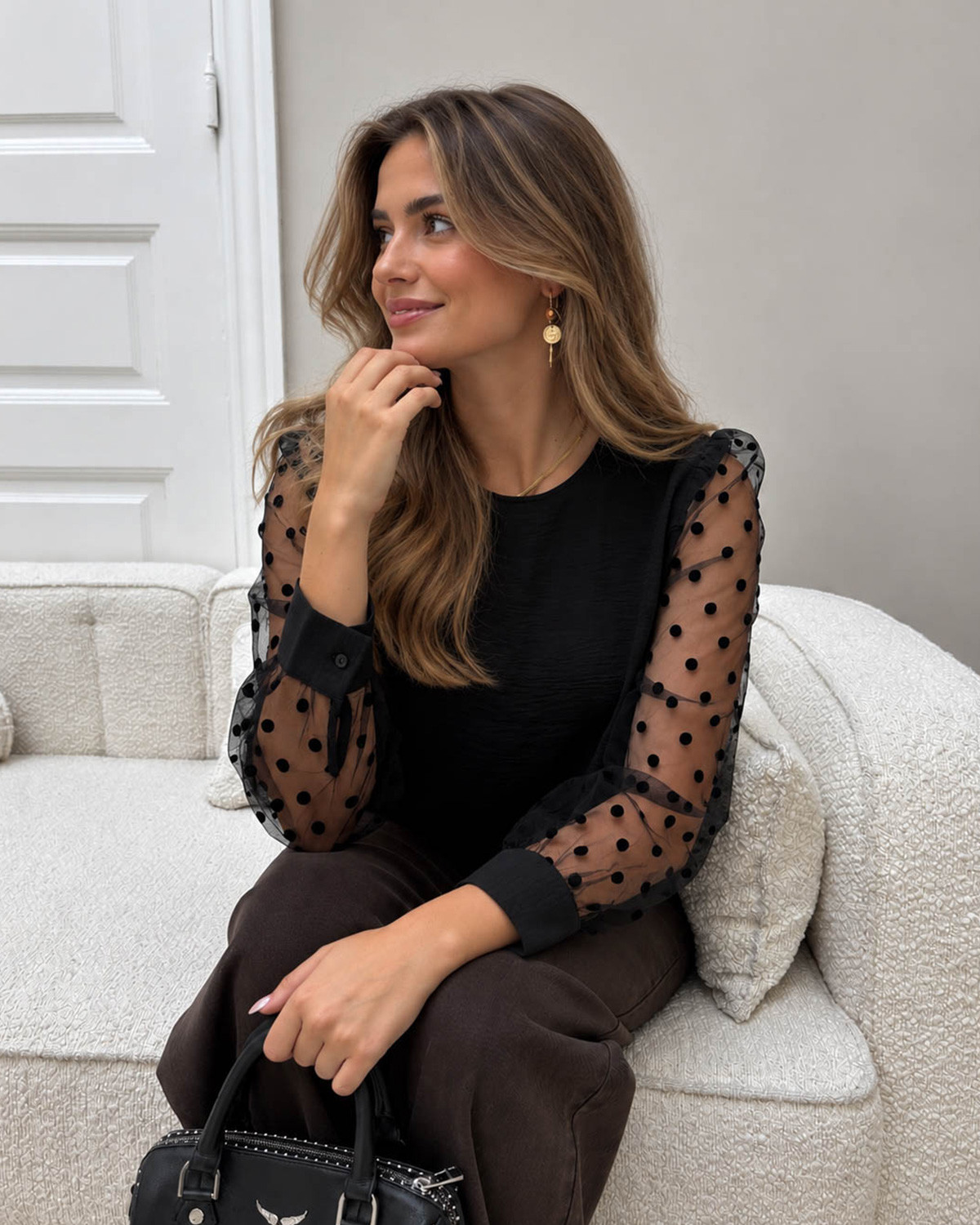 ONLY Onlmette Black Flock Dots Black L/S Mesh Flock Top - Sort - S