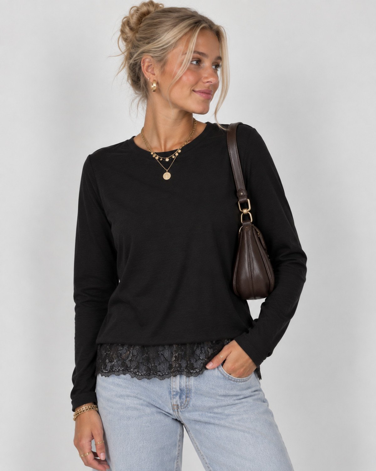 ONLY Onlmoster Black Tone In Tone Lace L/S Lace Detail Top - Sort - XS
