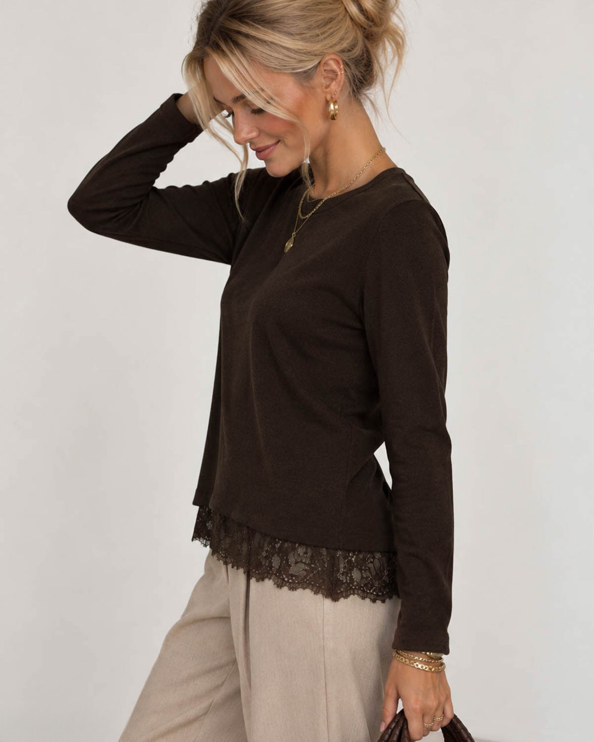 ONLY Onlmoster Chocolate Torte Tone In Tone Lace L/S Lace Detail Top - Brun - S