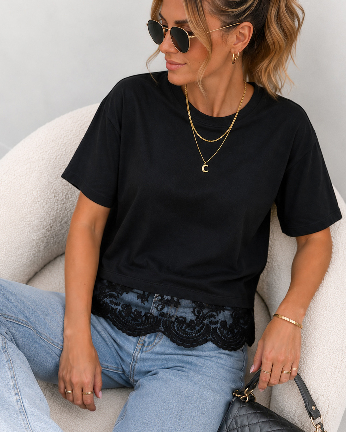 ONLY Onlvivi S/S Black/Black Lace Bottom Top - XL - Sort
