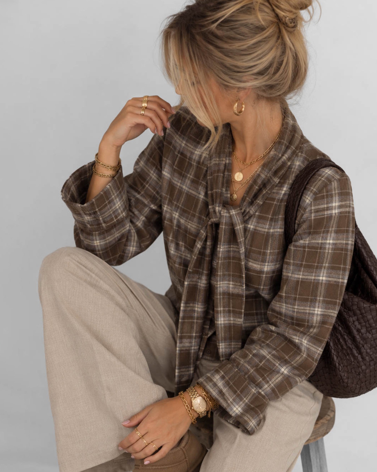 ONLY Onlguka Slate Black Dark Checks L/S Tie Assy Check Shirt - Brun - XS