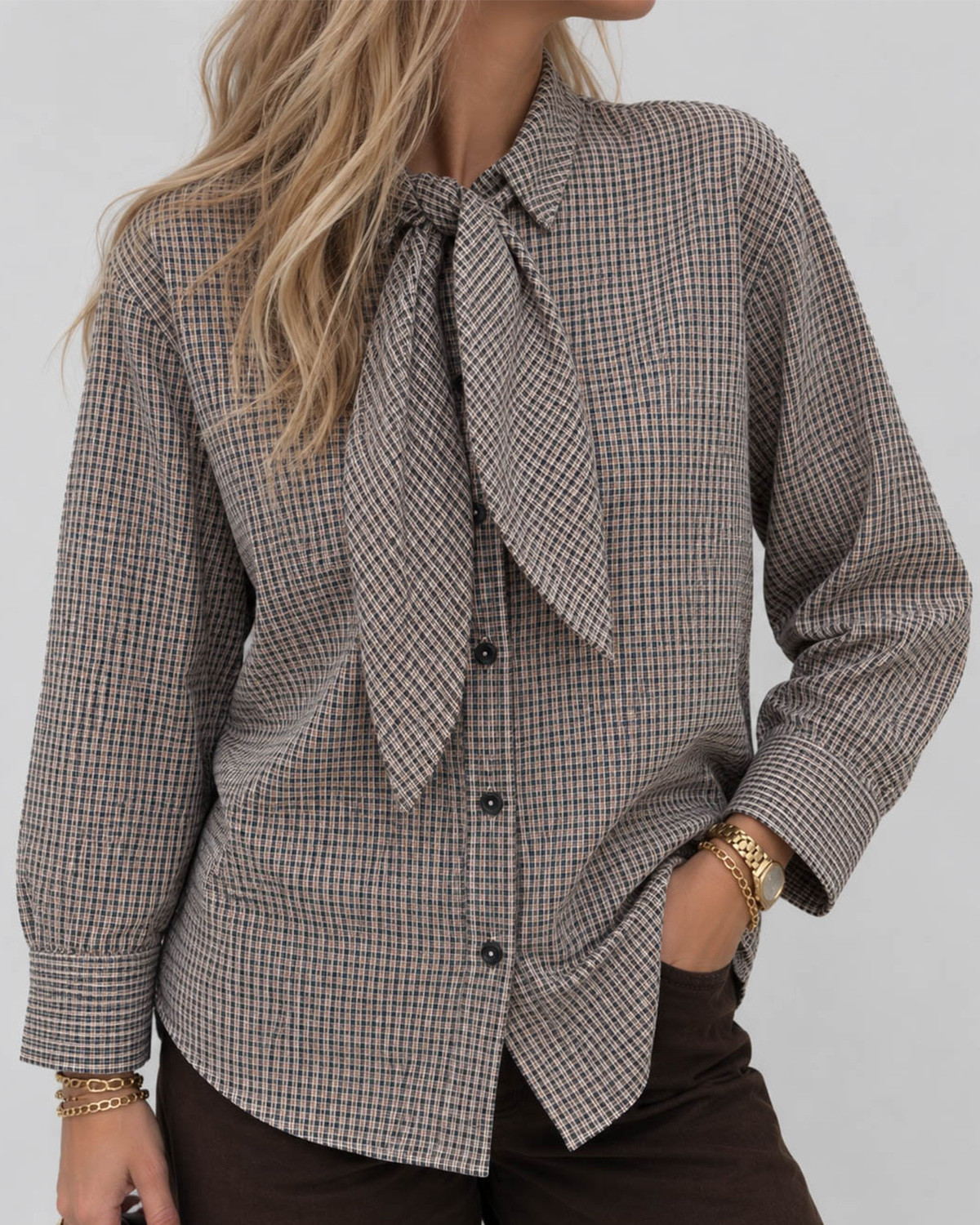 ONLY Onlmaya Black Nacreous Cloud Check Bow Shirt - Sort - XS