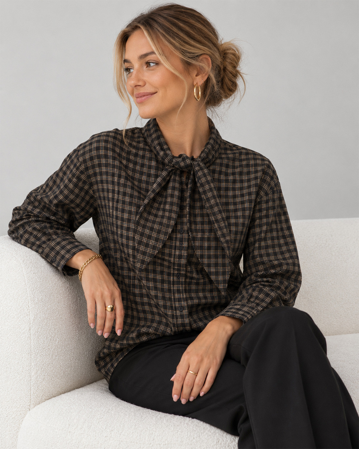 ONLY Onlmaylin Black Harvest Check L/S Scarf Check Shirt - Sort - S
