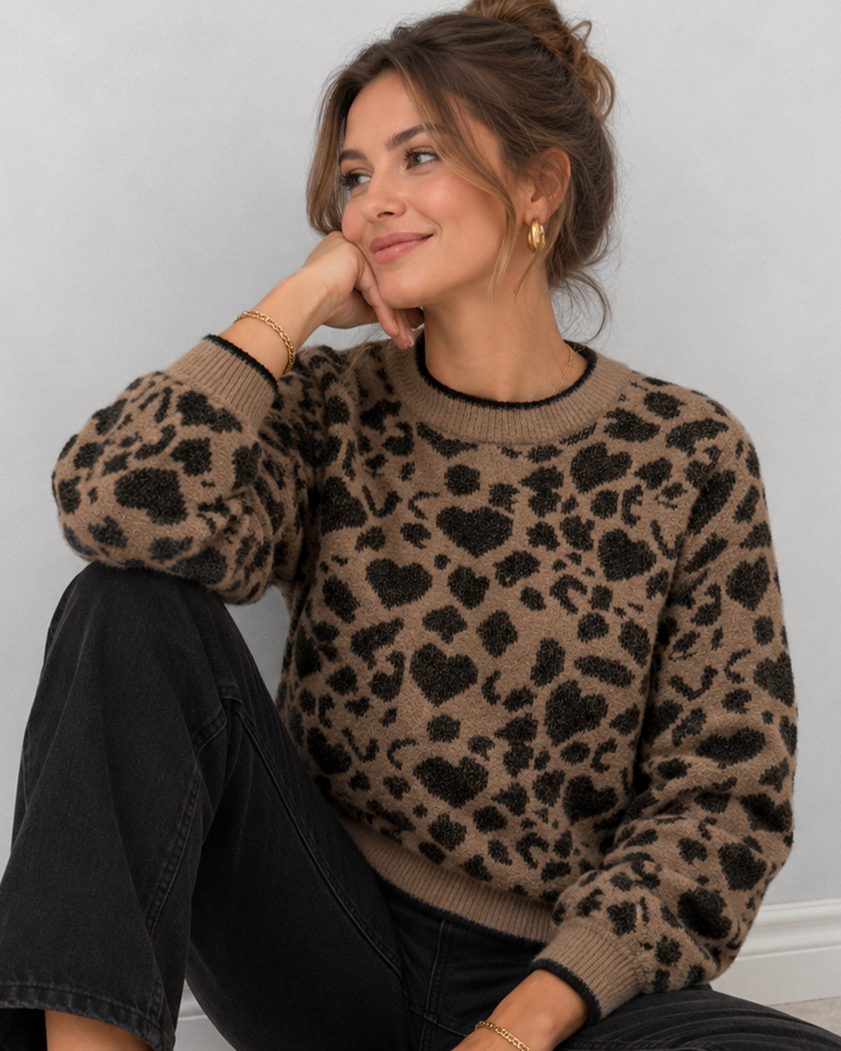 JDY JdyLorraine Walnut/Black Leop Animal L/S Pullover Knit - Brun - XS