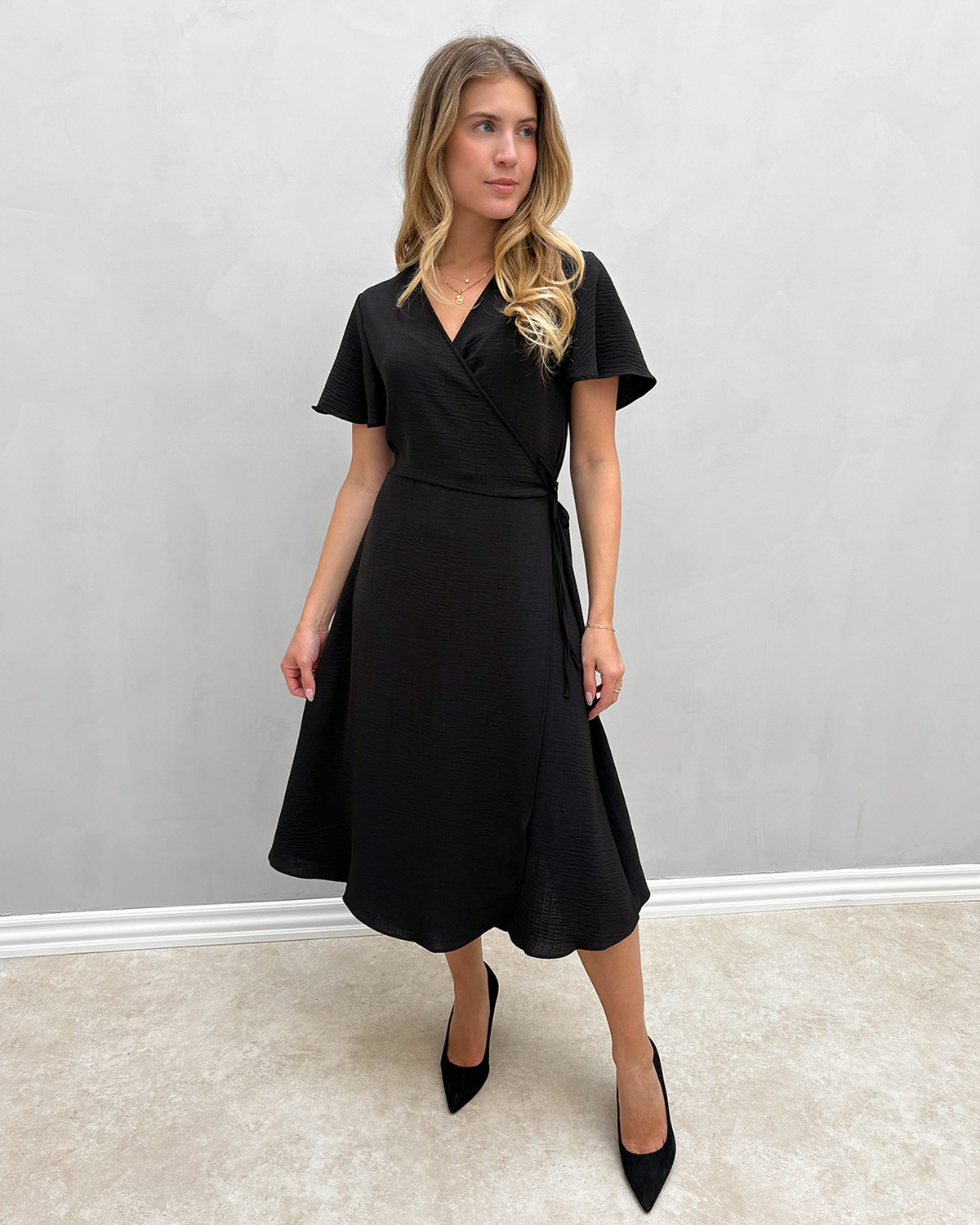 VILA Vilovie Black S/S Wrap Midi Dress - 38 - Sort