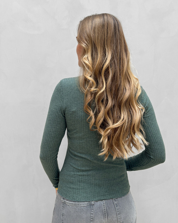 Rib bluse med bølgekant til damer