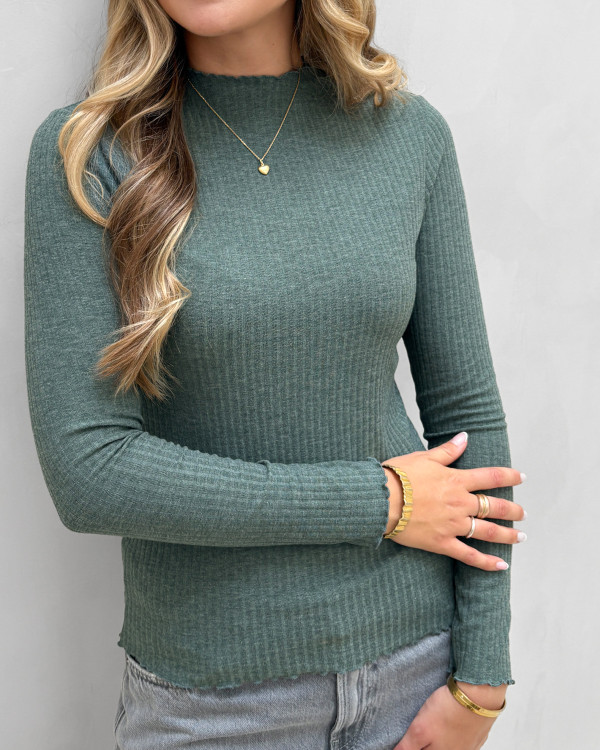 Rib bluse med bølgekant til damer