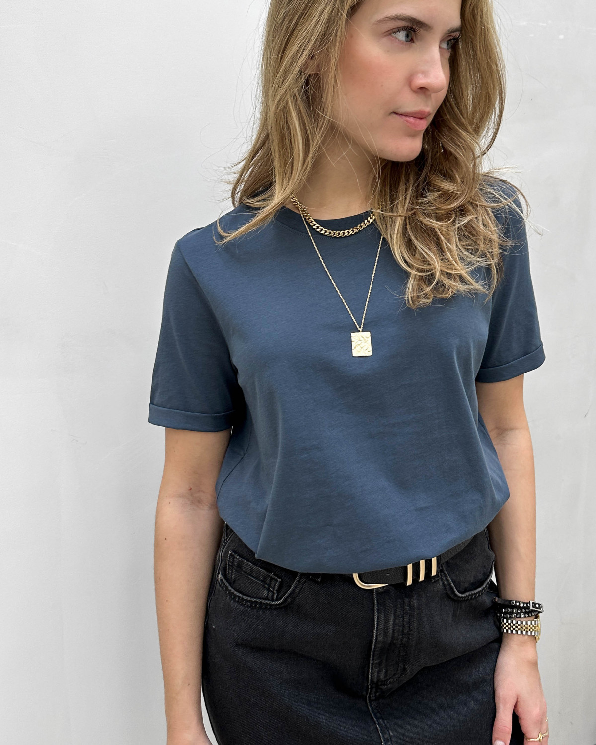 Pieces Pcria Fold Up Solid Ombre Blue Tee - S - Blå