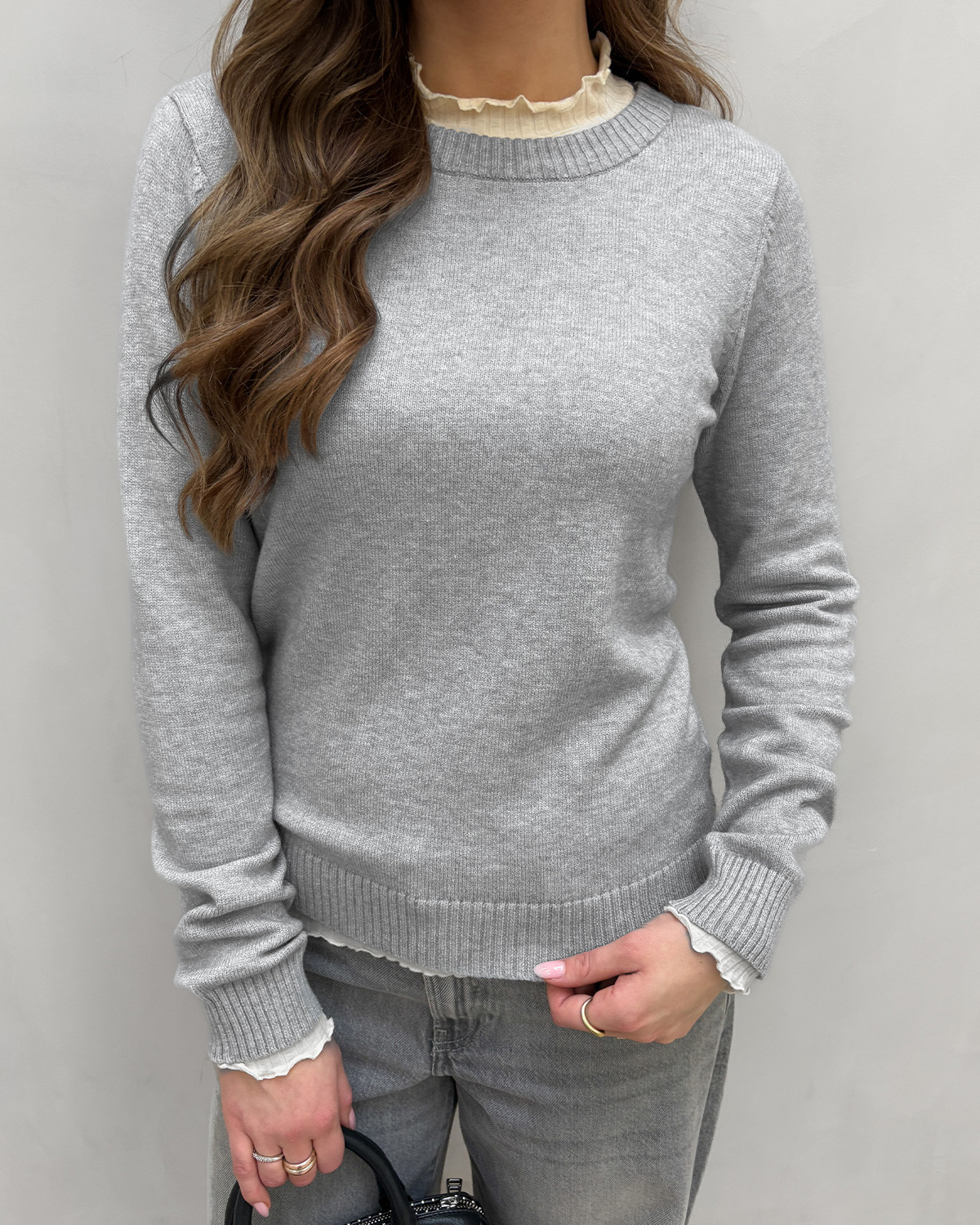 VILA Viril Light Grey Melange O-Neck Knit - L - Grå