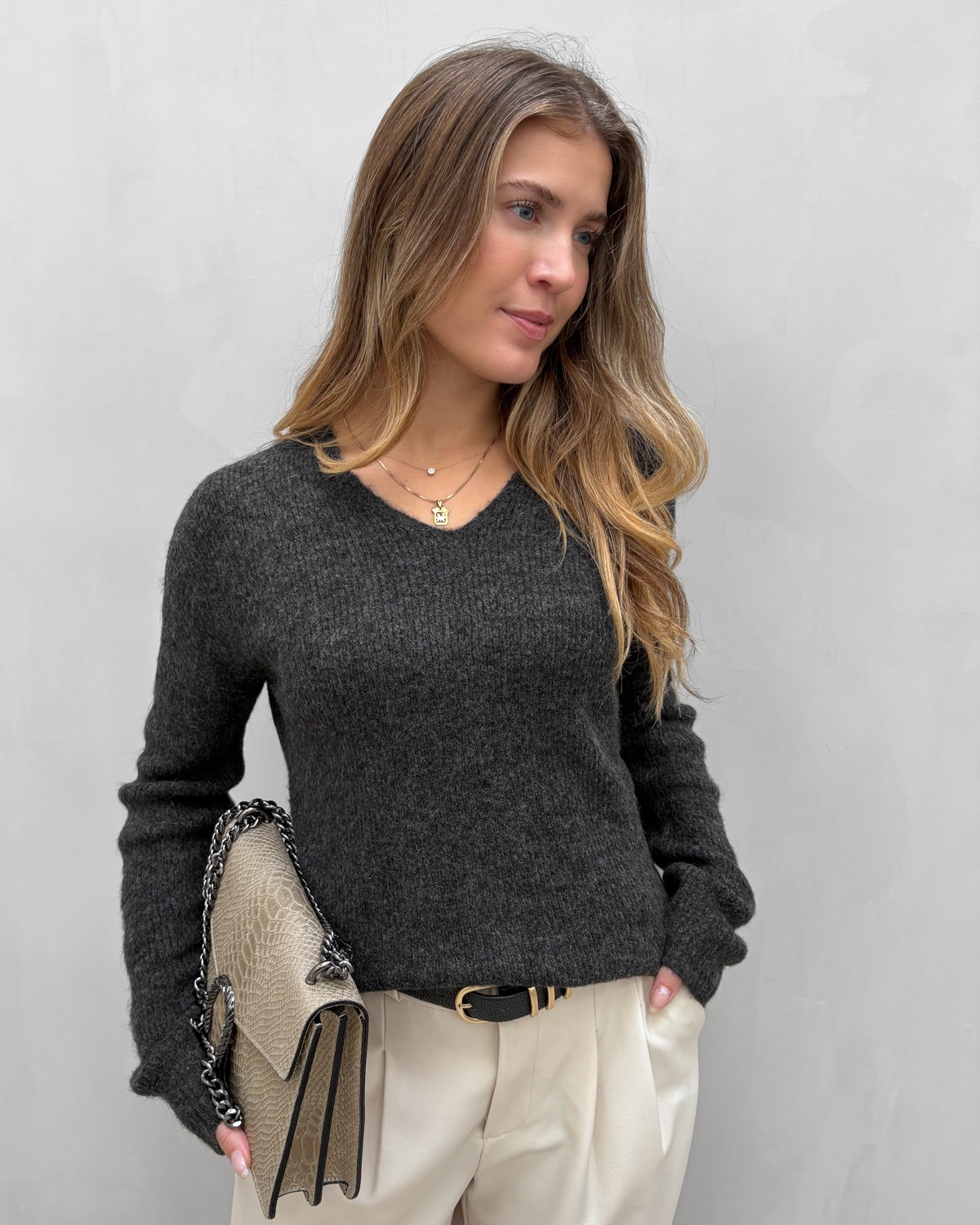 ONLY Onlcamilla V-Neck Dark Grey Melange Pullover Knit - XL - Grå