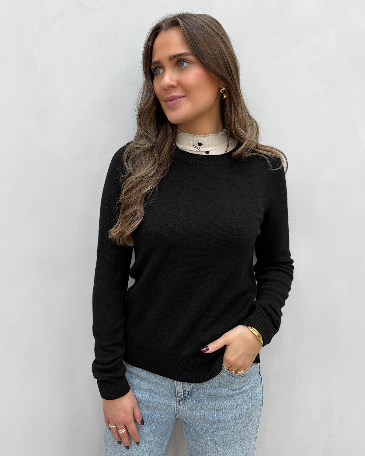 VILA Viril Black O-Neck L/S Knit - M - Sort