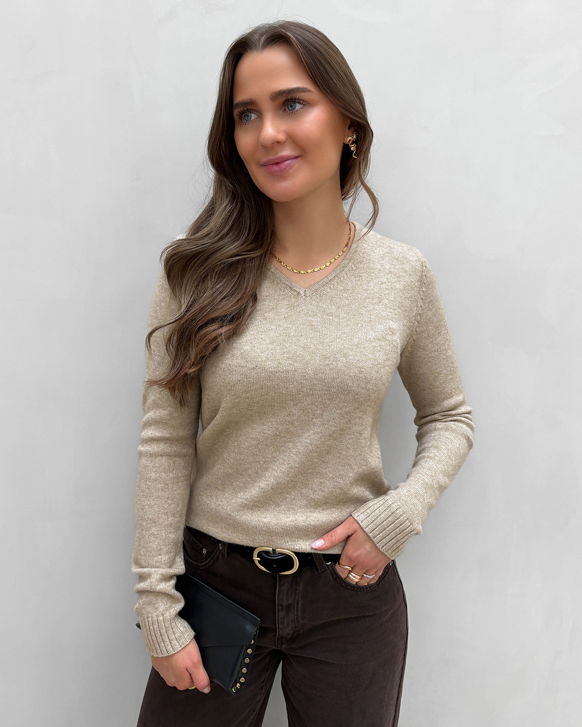VILA Viril Natural Melange V-Neck Knit Top - XS - Beige