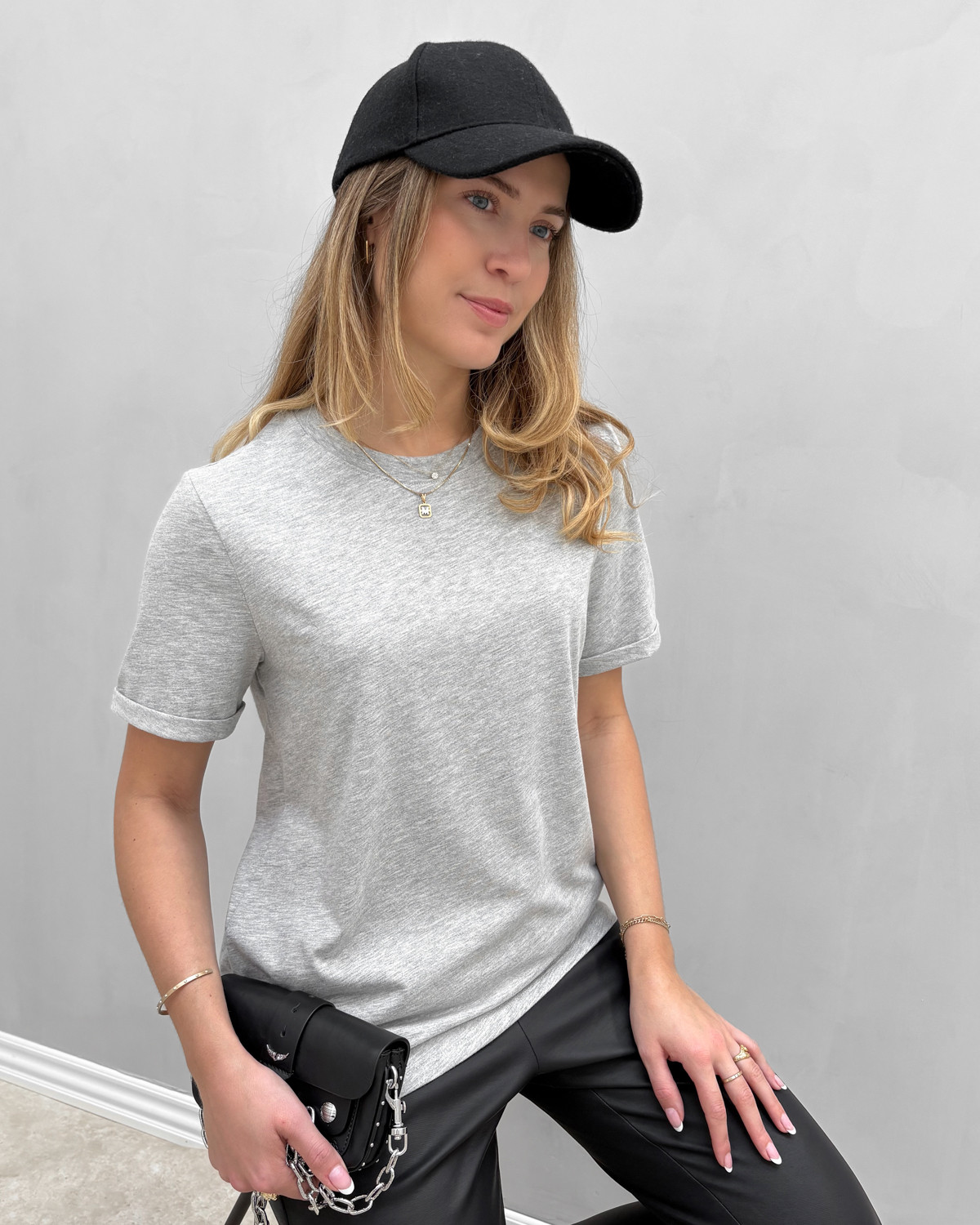 Pieces Pcria Light Grey Melange Ss Fold Up Solid Tee - L - Grå