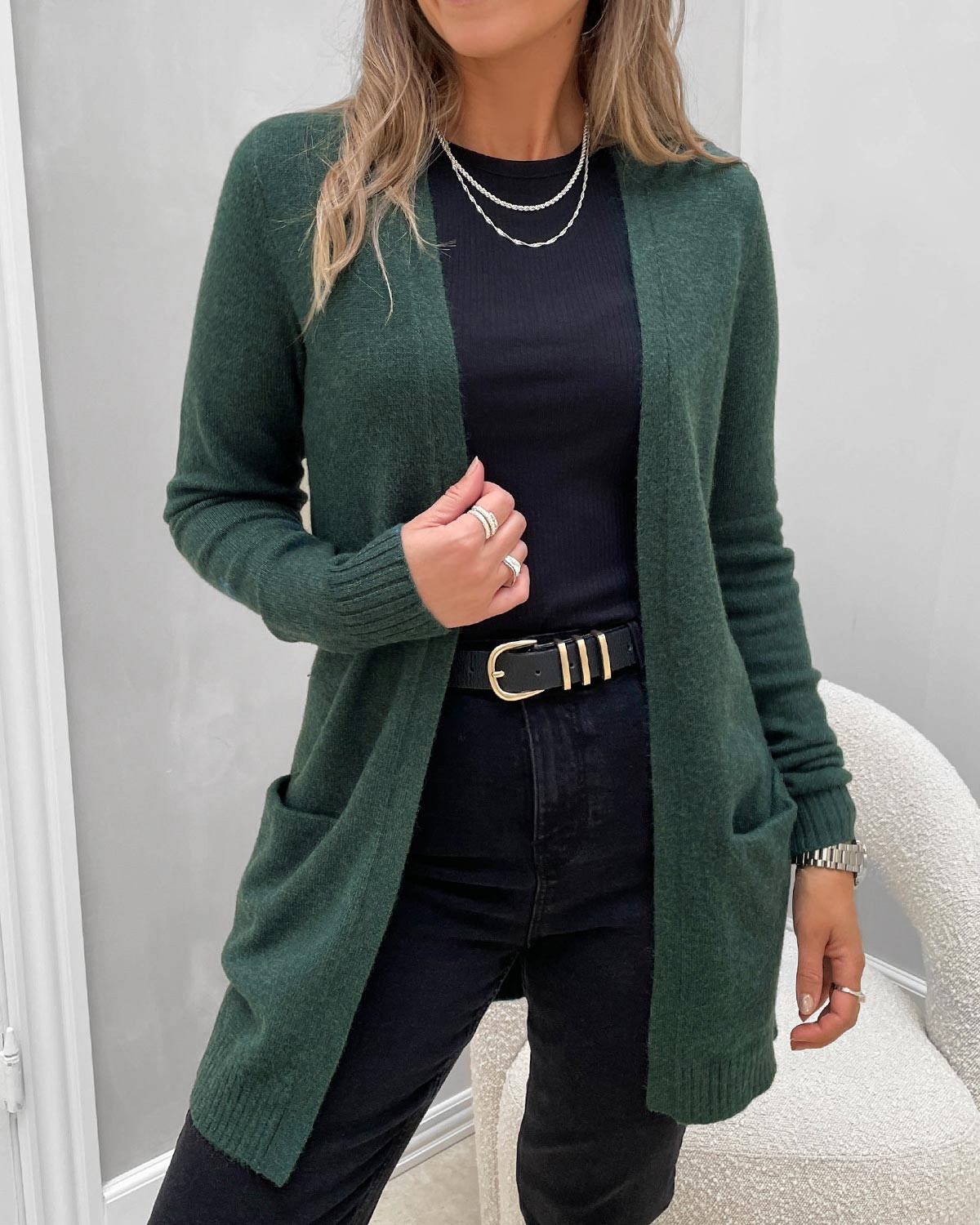 VILA Viril Ponderosa Pine Dark Melange Open L/S Knit Cardigan - XXL - Grøn