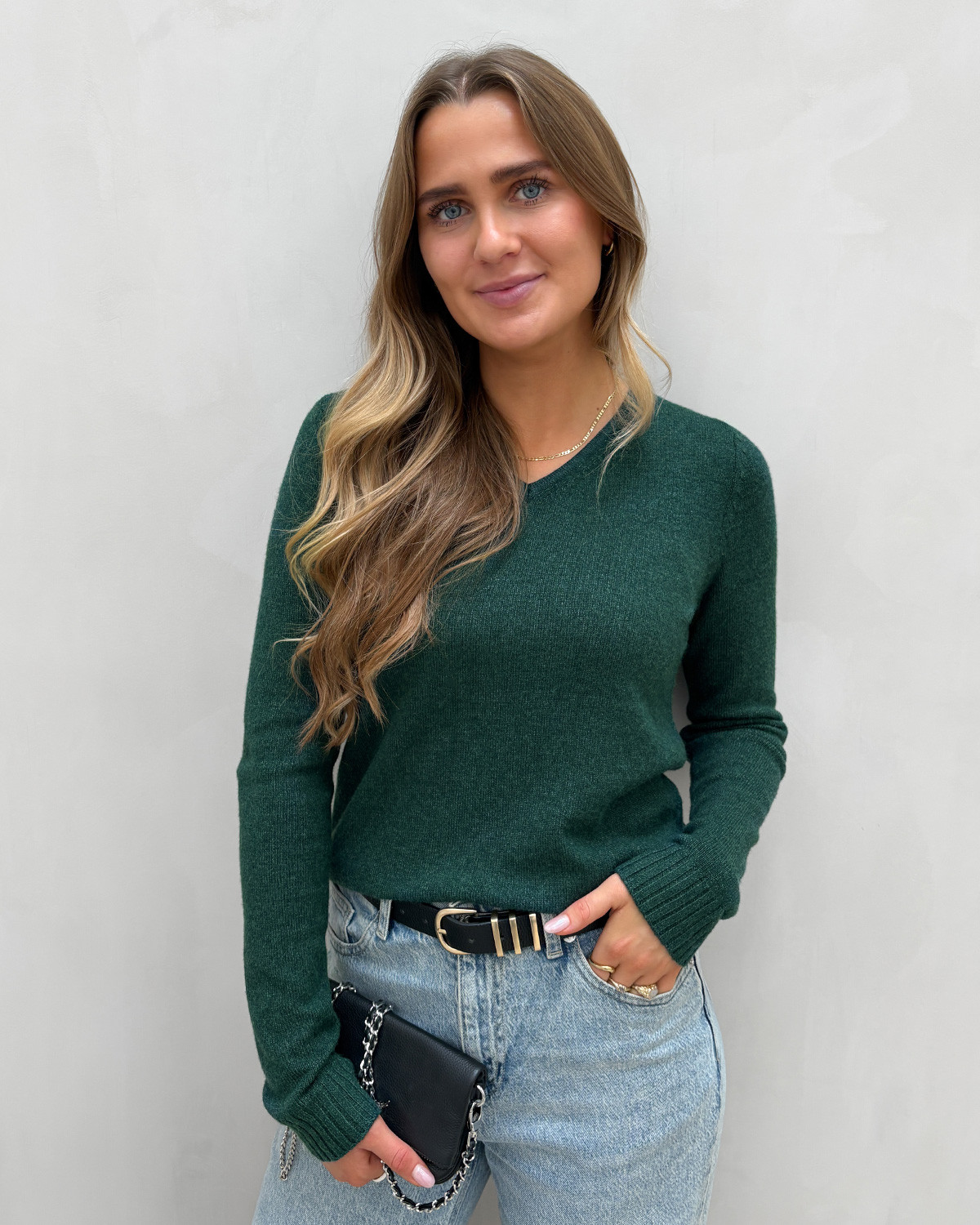 VILA Viril Ponderosa Pine Dark Melange V-Neck L/S Knit Top - M - Grøn