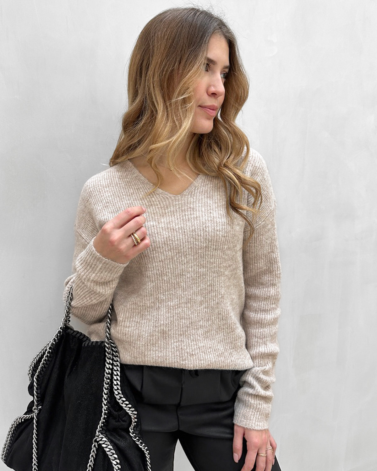 ONLY Onlcamilla Pumice Stone Melange V-Neck L/S Pullover - S - Beige