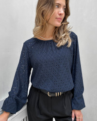 Mørkeblå bluse med broderi anglaise 
