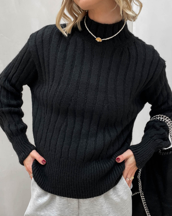 Sort strikbluse med bred rib