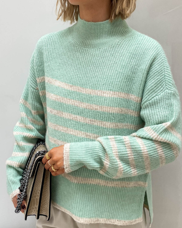 Mintgrøn sweater med striber til damer