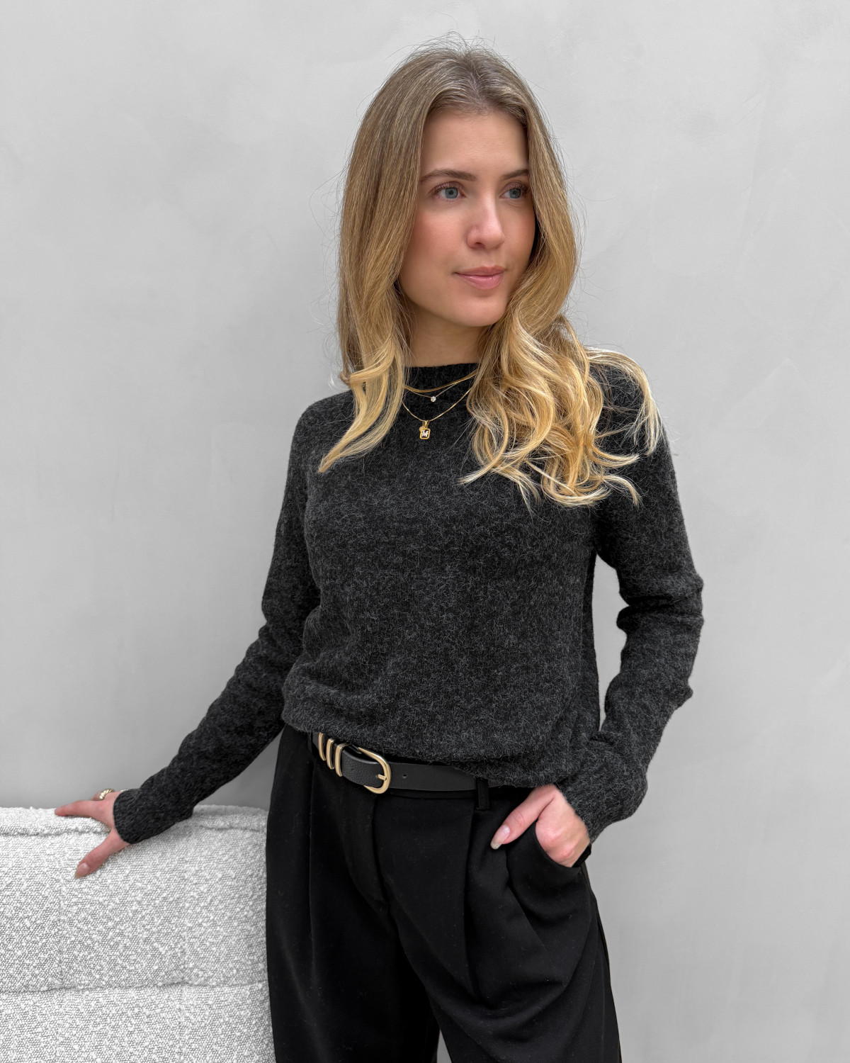 Vero Moda Vmdoffy Black Melange Ls O-Neck Blouse - L - Grå