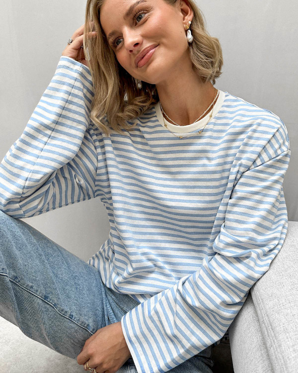Langærmet tee bluse med striber til damer