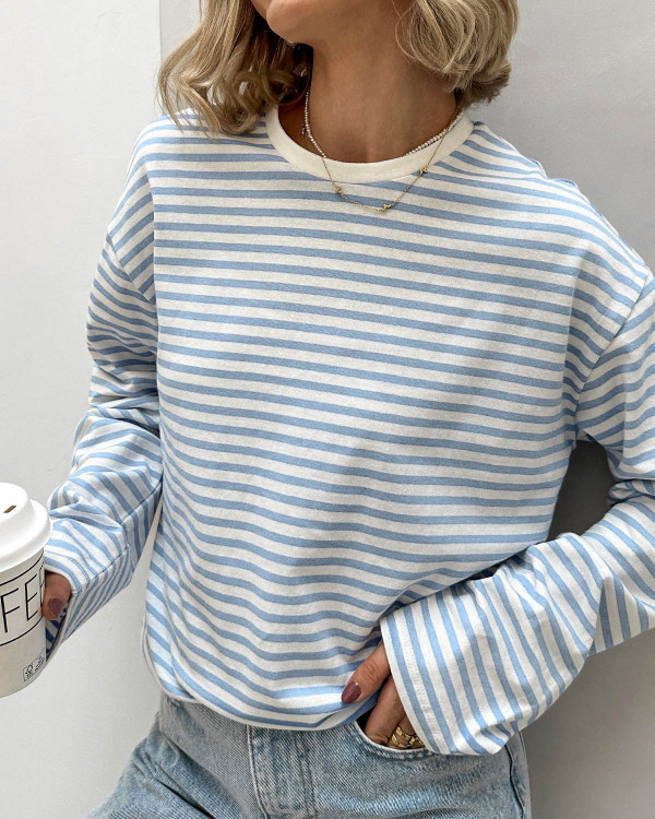 Langærmet tee bluse med striber til damer