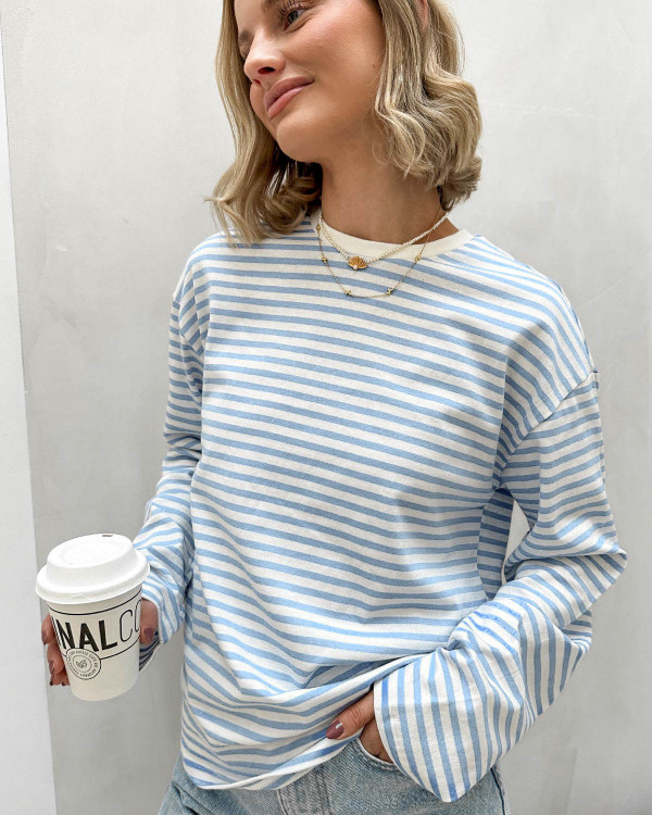 Langærmet tee bluse med striber til damer