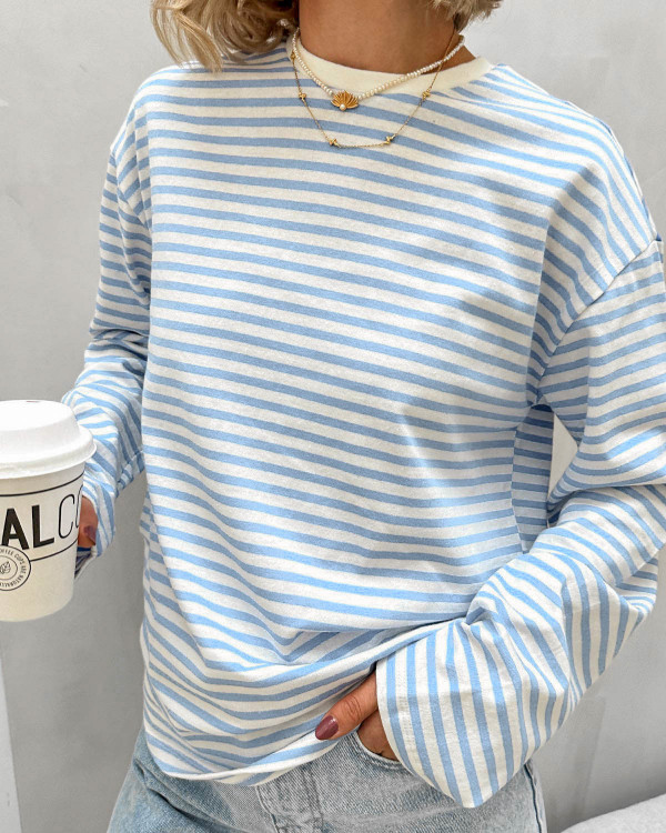 Langærmet tee bluse med striber til damer