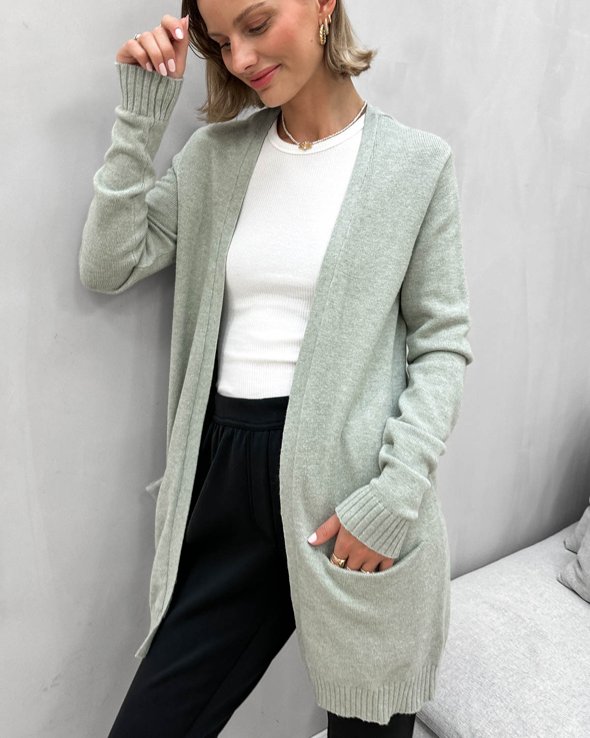 VILA Viril Oil Green Melange Open L/S Knit Cardigan - S - Grøn