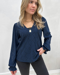 Blå blondebluse med v-hals