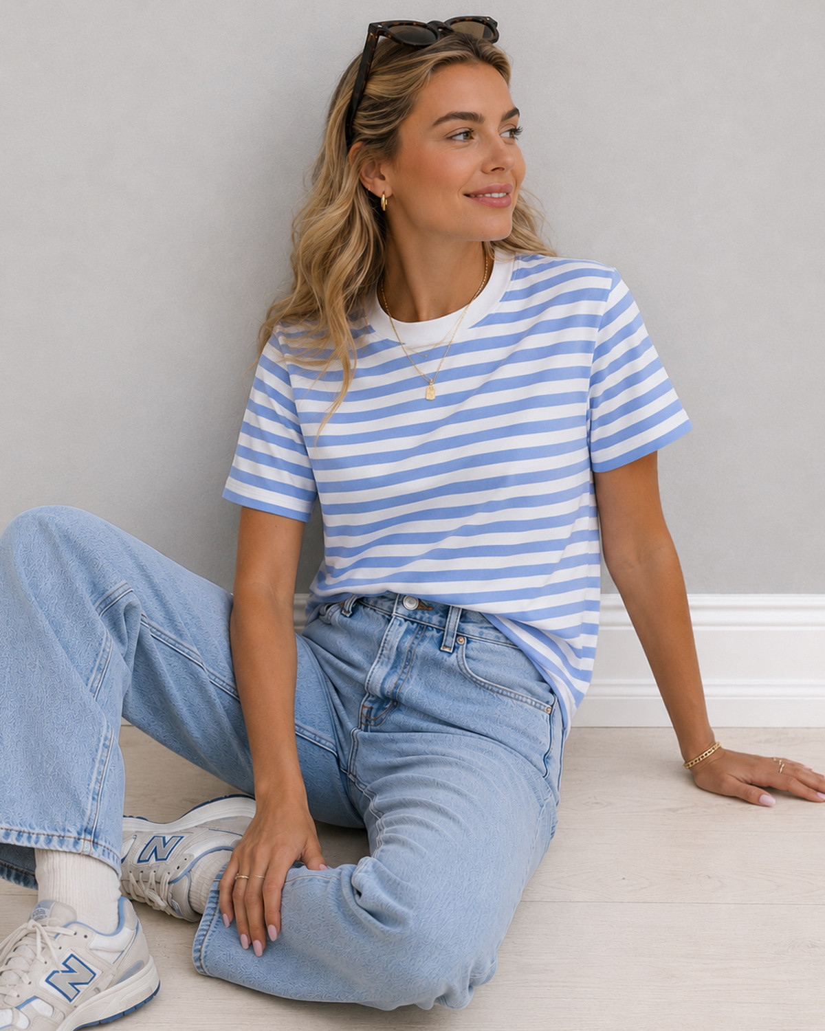 Pieces Pcria Hydrangea Bright White Ss Tee Stripes - Blå - XXL
