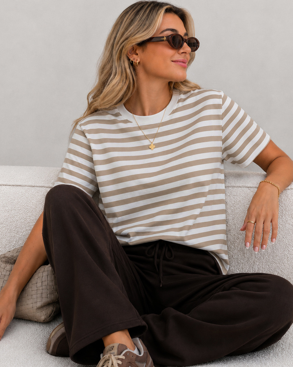 Pieces Pcria Silver Mink Bright White Ss Tee Stripes - XS - Brun