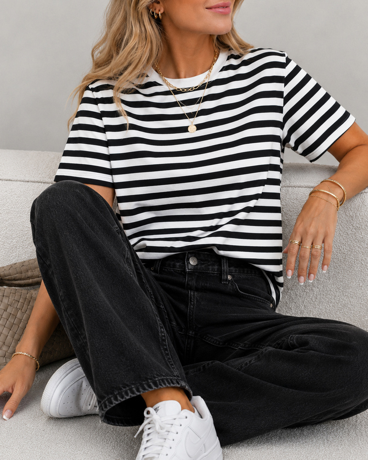 Pieces Pcria Black Bright White Ss Tee Stripes - M - Sort