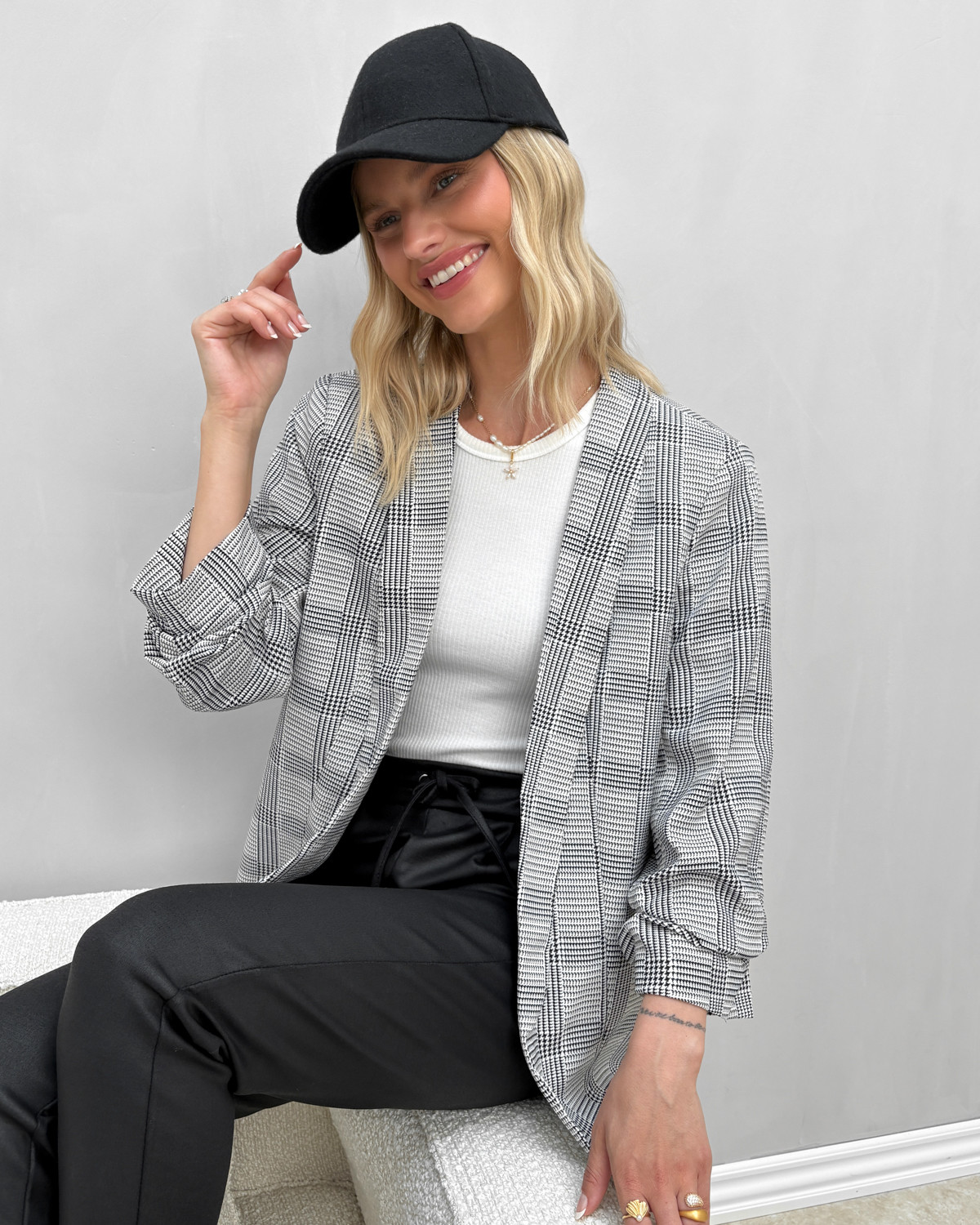 Pieces Pcbosella Black/Check 3/4 Printed Blazer - S - Sort