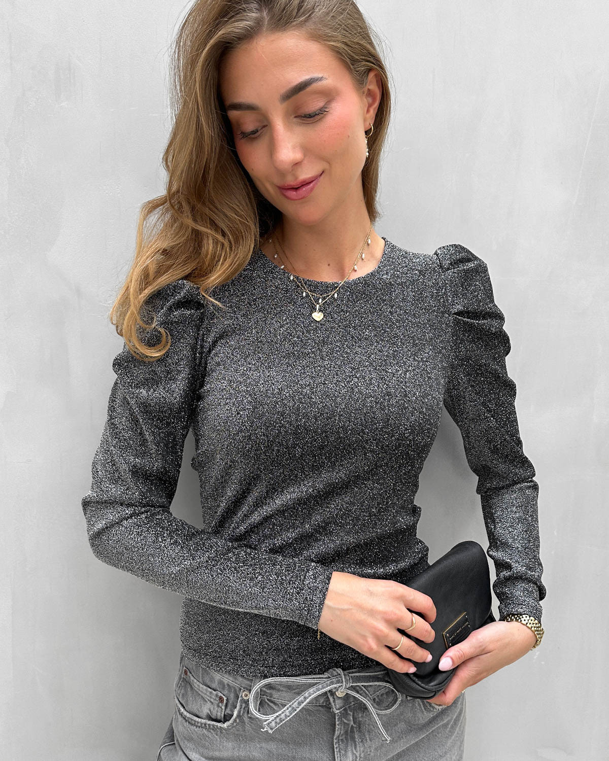 ONLY Onlrich Black Silver Glitter L/S Glitter Puff Top - XS - Sort
