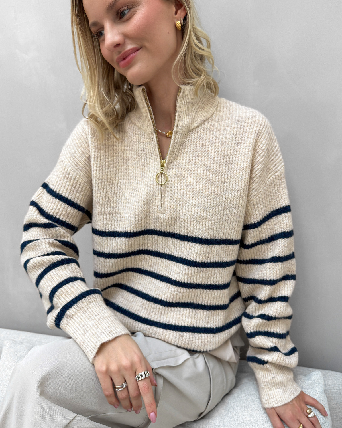 ONLY Onltokyo Pumice Stone Blue Stripes L/S Zip Pullover Knit - S - Beige