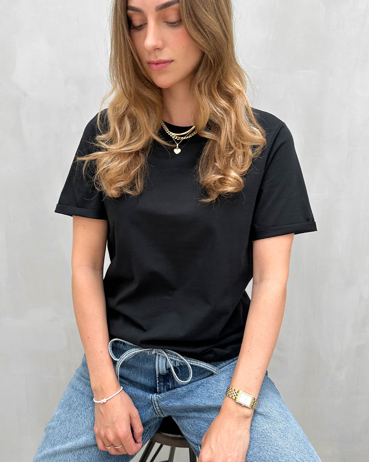Pieces Pcria Fold Up Solid Black Tee - XL - Sort