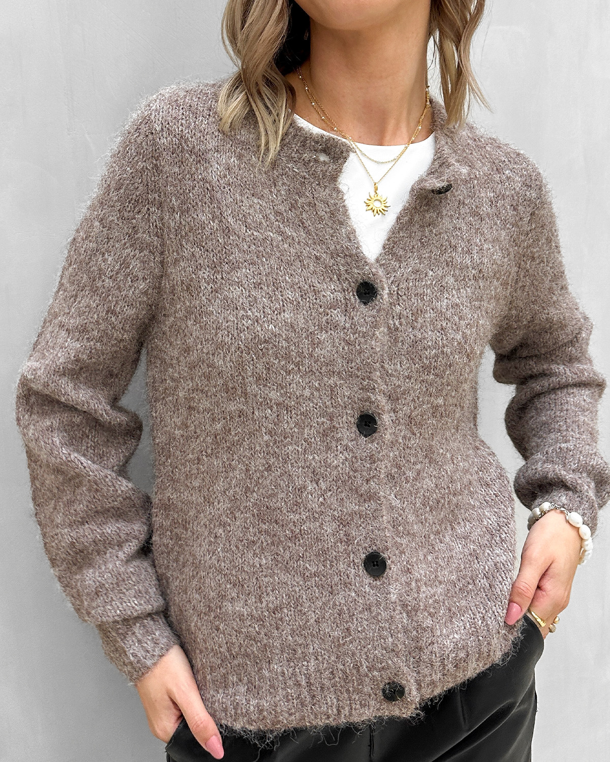 Vero Moda Vmnovah Brown Lentil Melange Ls O-Neck Button Cardigan - S - Brun