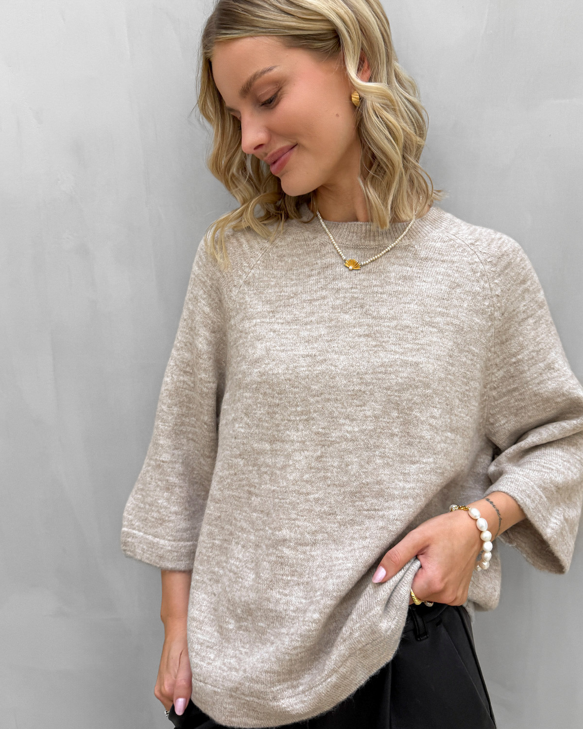 ONLY Onlsimoni Pumice Stone Melange 3/4 Pullover Knit - M - Beige
