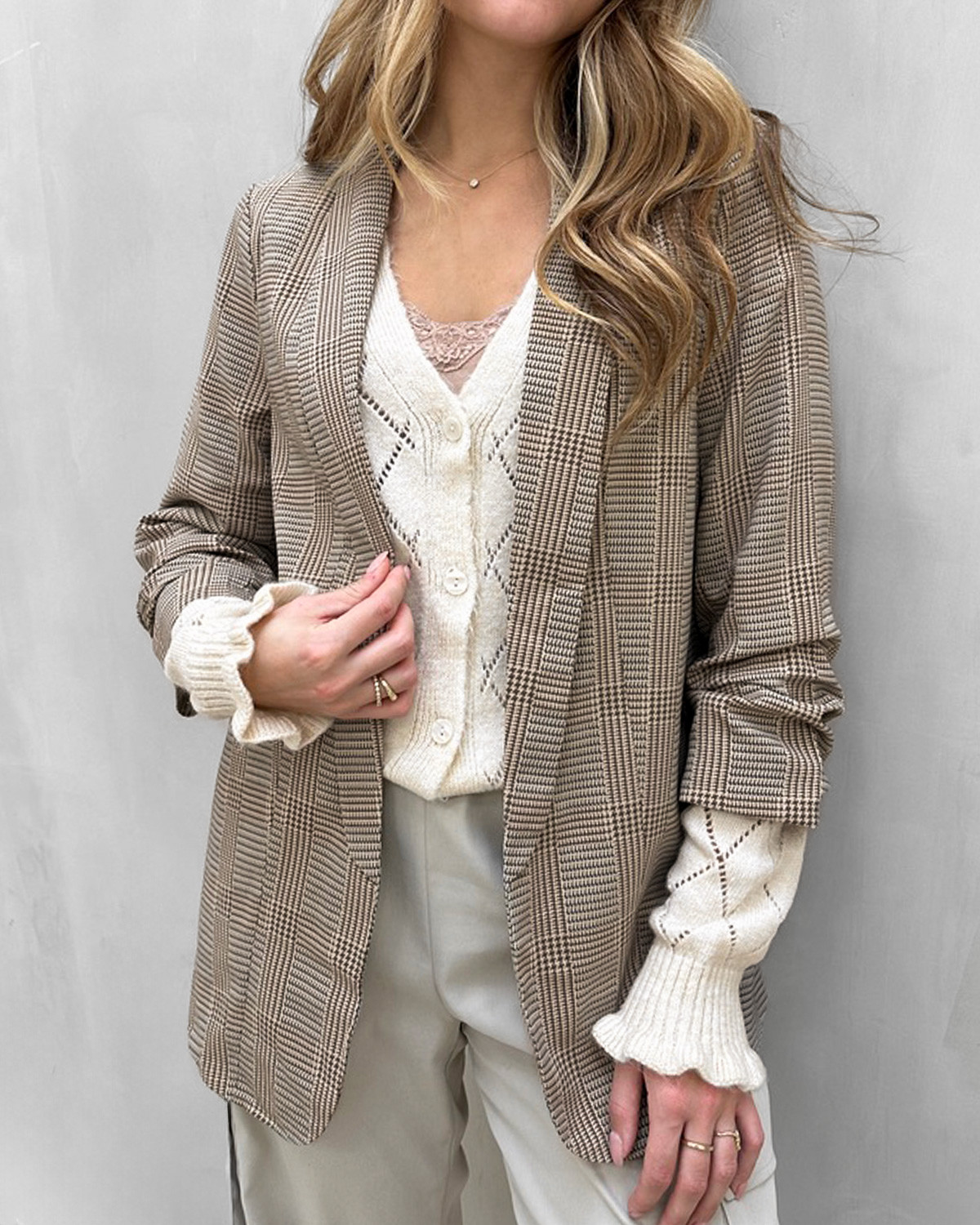 Pieces Pcbosella Crockery Check Morel 3/4 Printed Blazer - XS - Brun